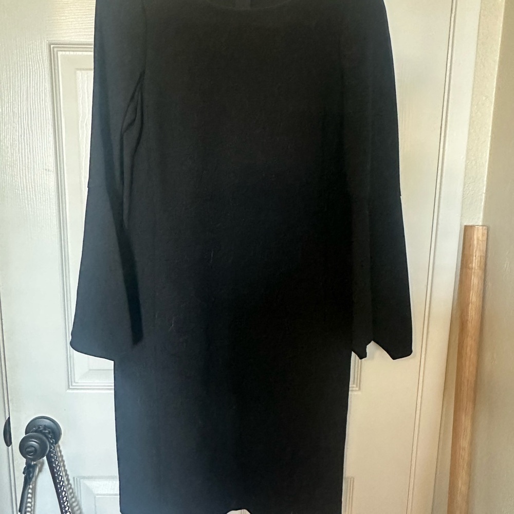 Lafayette 148 New York Black Sheath Dress Long Bell Sleeve Crew Neck